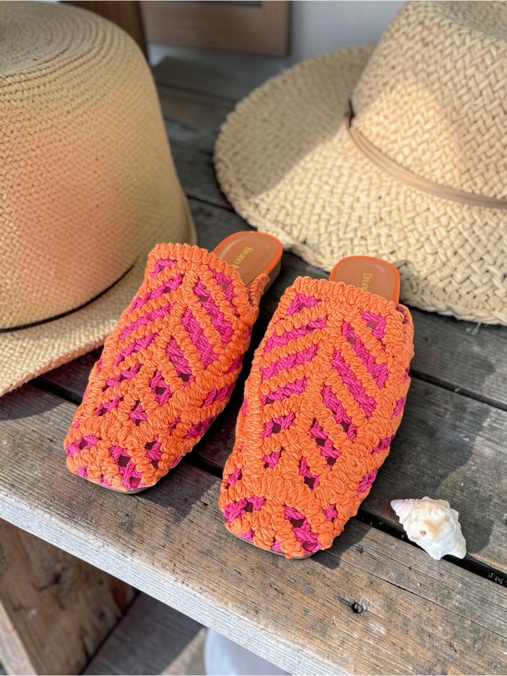 Handwoven Pink and Orange Slip-On Crochet Mules Flats